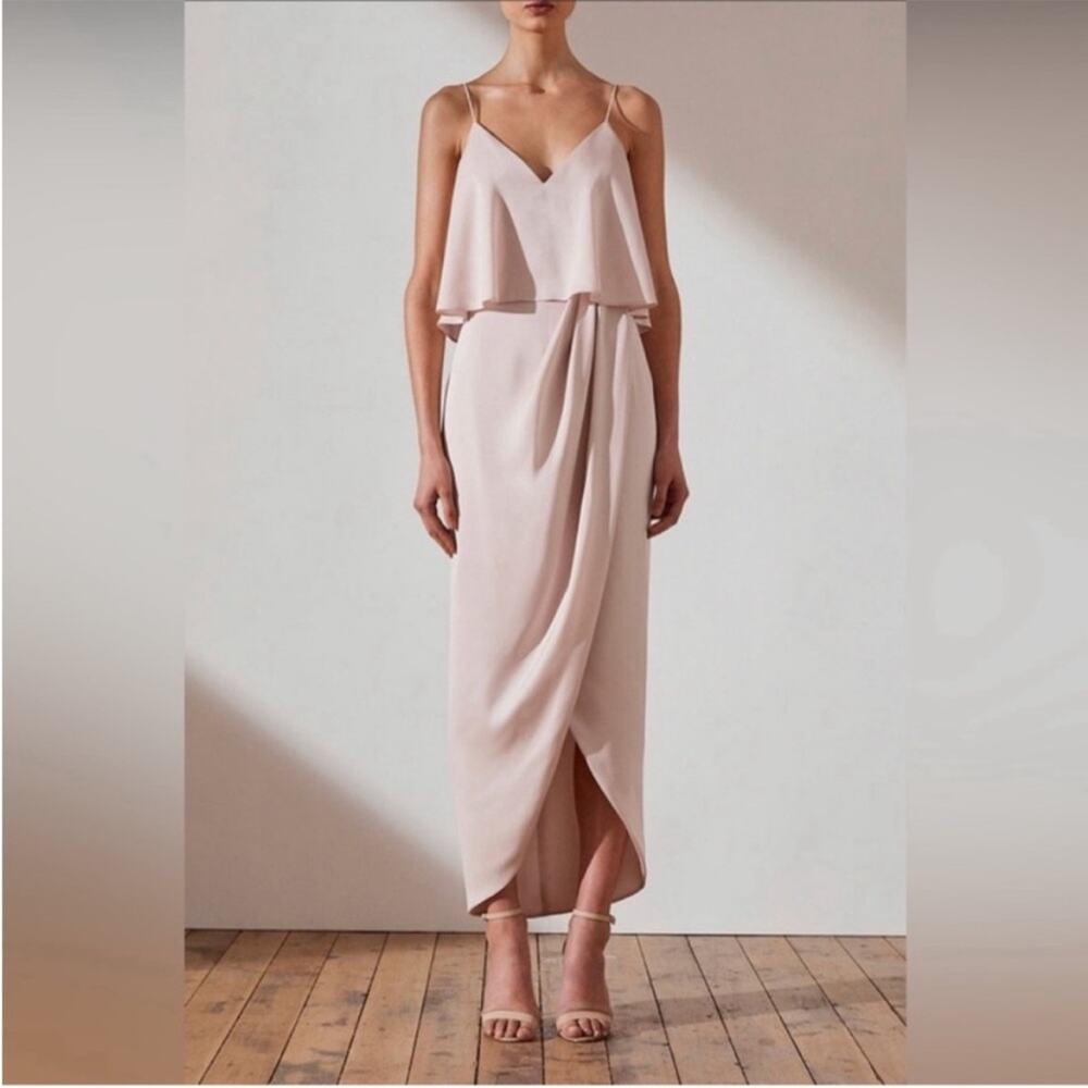 Shona Joy Luxe Frill textured satin dress in porcelain colorway NEW 2